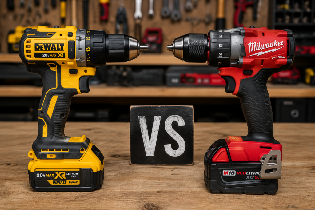 DeWalt and Milwaukee cordless power tools displayed side by side