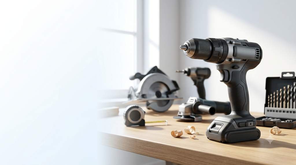 Cordless drill and power tools arranged on a workshop bench