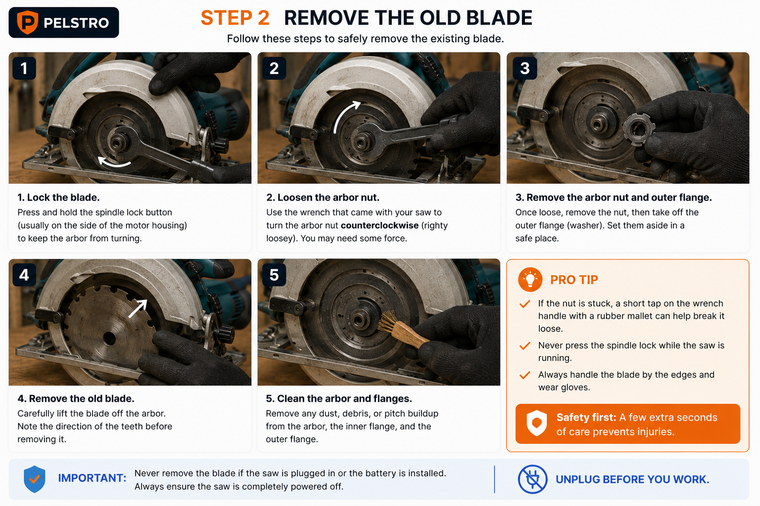 Removing an old circular saw blade using the spindle lock and arbor wrench