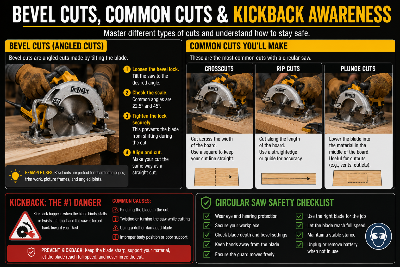 Circular saw bevel cuts, common cut types, kickback prevention and safety checklist