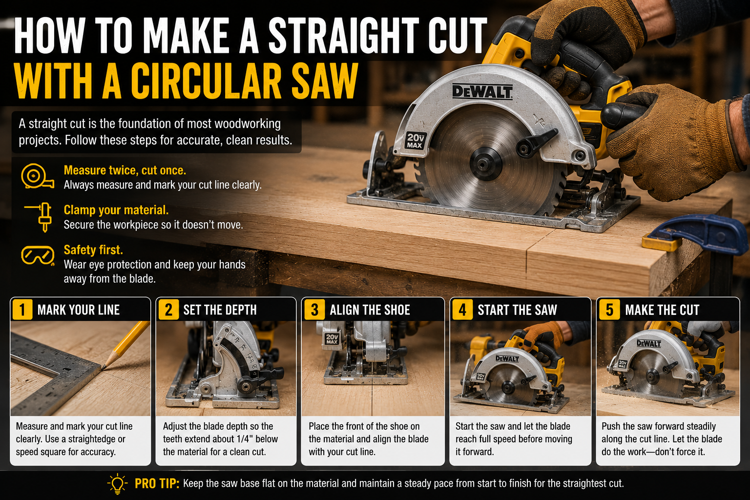 How to make a straight cut with a circular saw using proper alignment and a steady feed rate