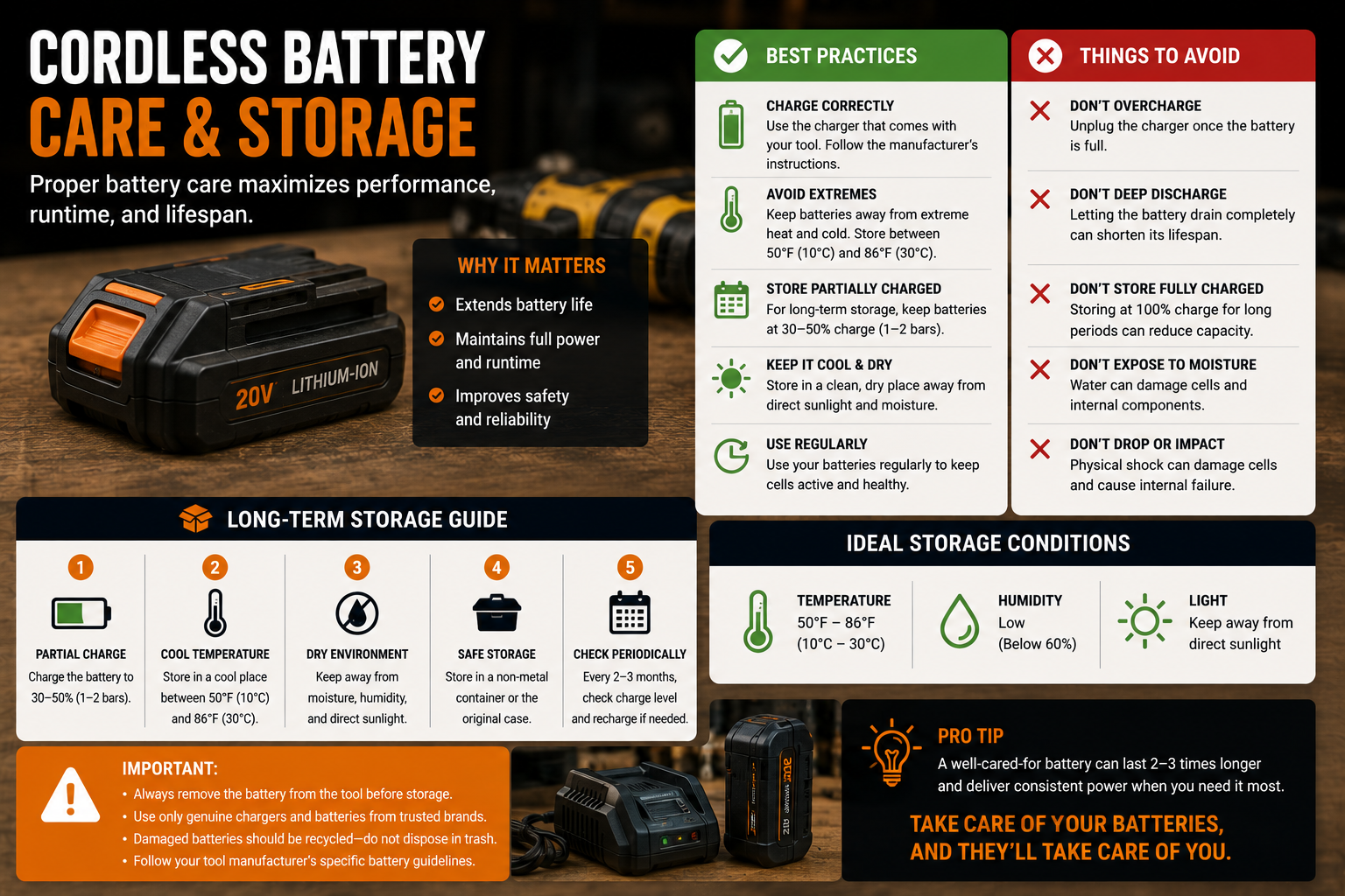 Cordless power tool battery care and storage guide