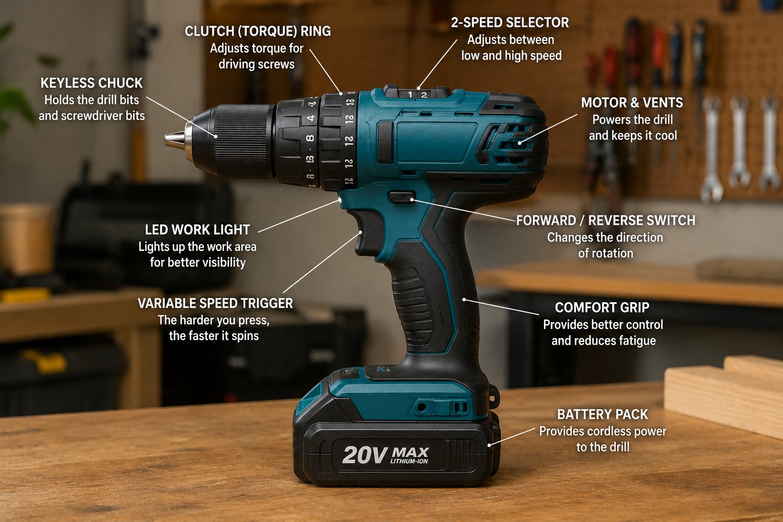 Cordless drill parts diagram showing the chuck, clutch, speed selector, trigger, direction switch and battery