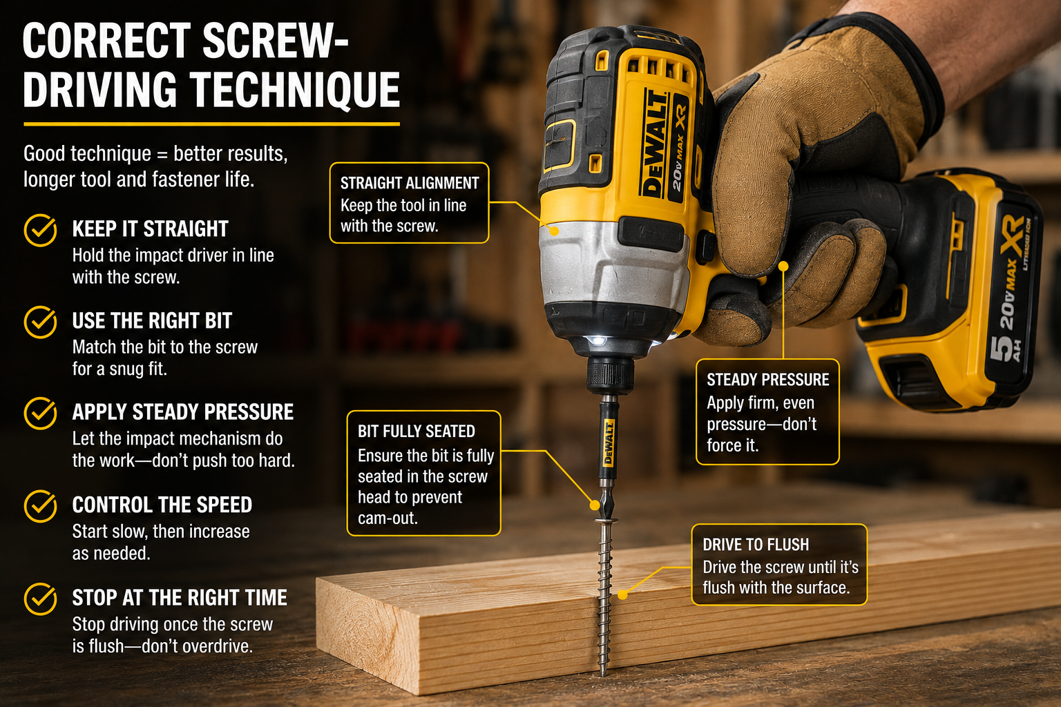 Correct impact driver screw-driving technique with the bit aligned straight and fully seated in the screw head