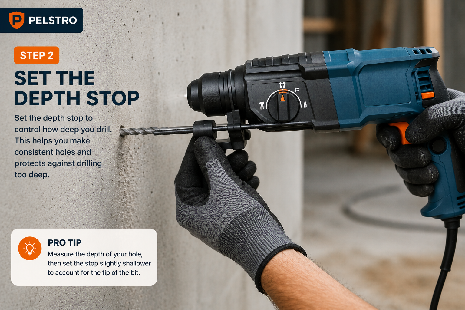 Setting the depth stop on a hammer drill before drilling into masonry