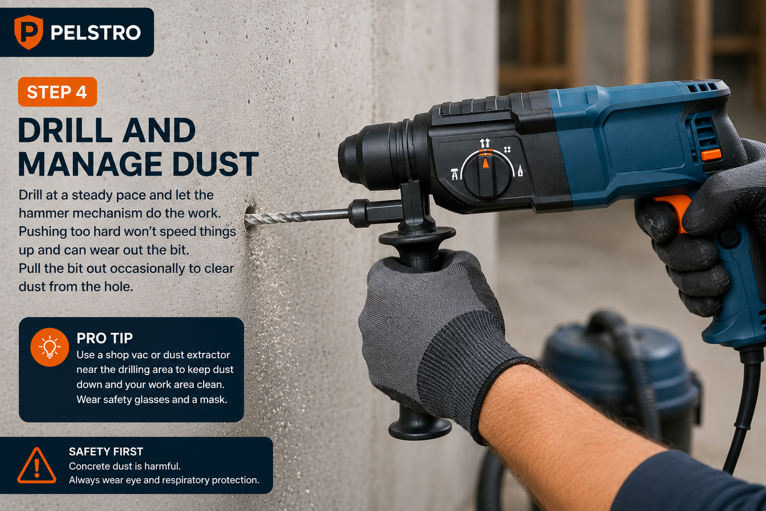 Hammer drilling into concrete while managing masonry dust safely