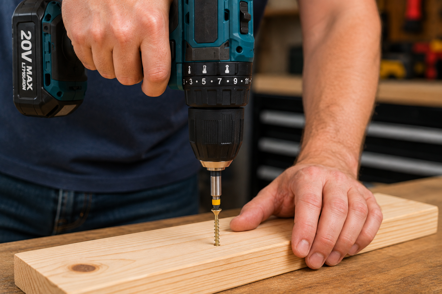 Using a cordless drill to drive a wood screw with the driver bit aligned to the screw head