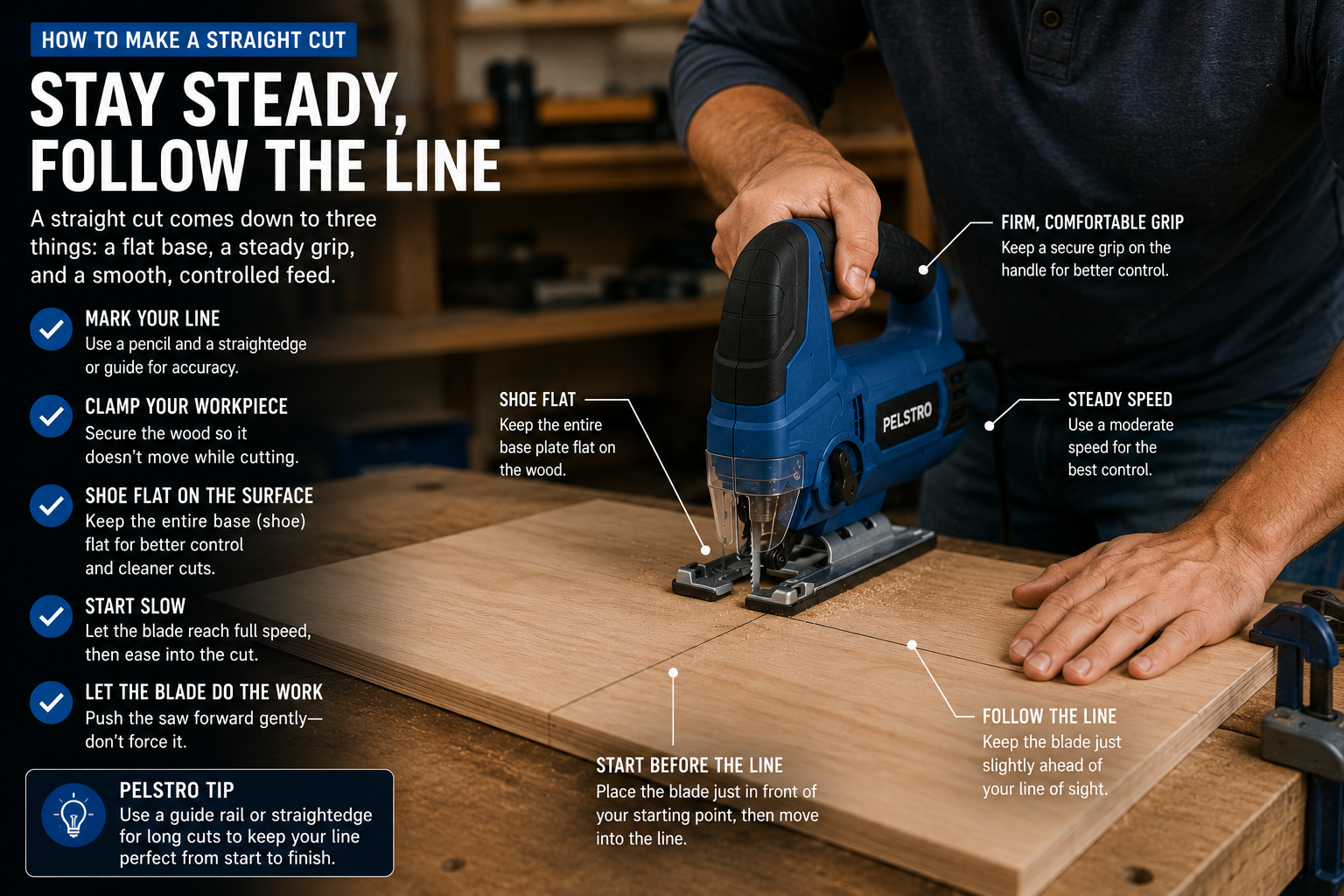 How to make a straight cut with a jigsaw while keeping the shoe flat