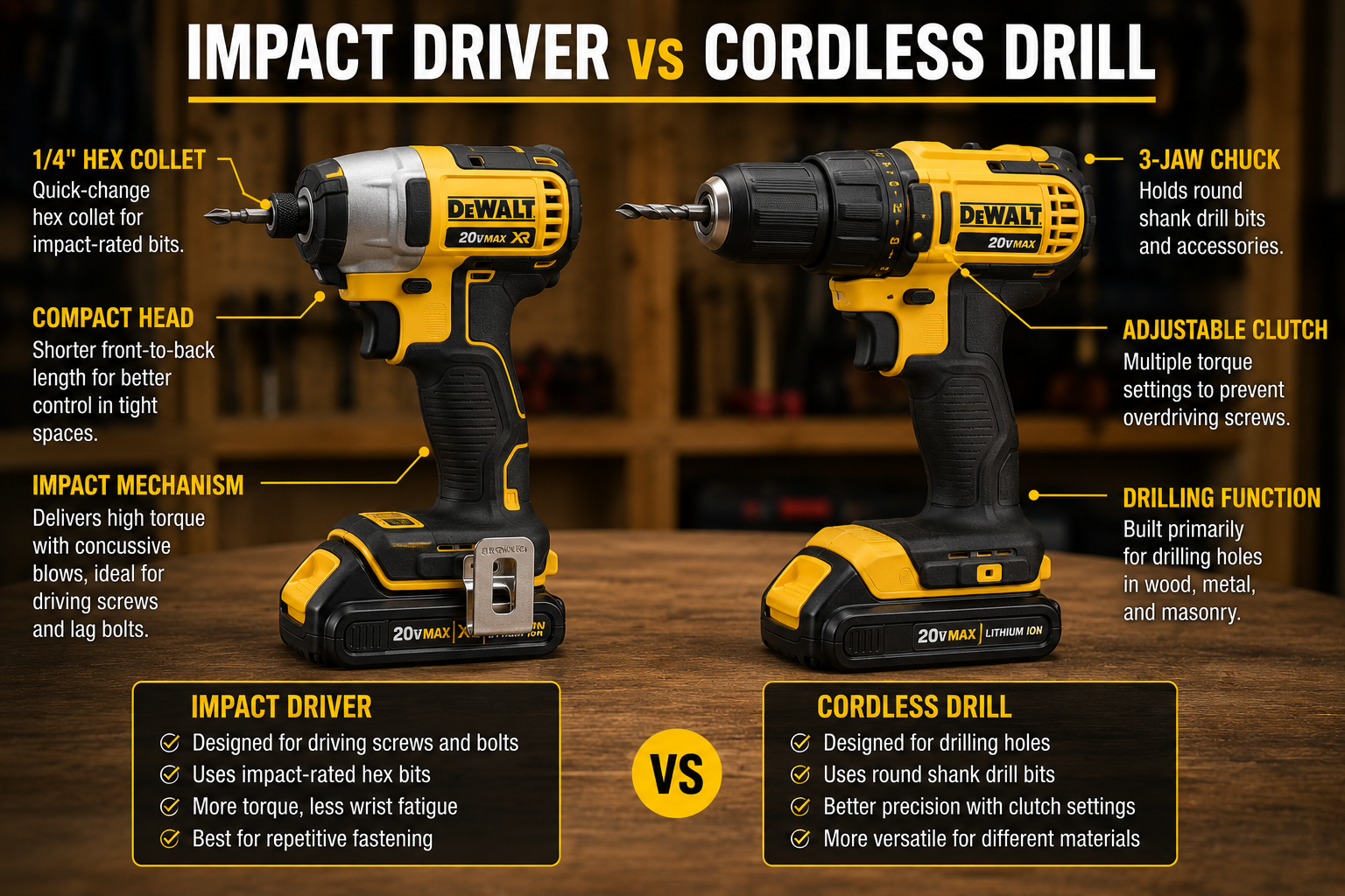 Impact driver vs cordless drill comparison showing a hex collet and three-jaw drill chuck