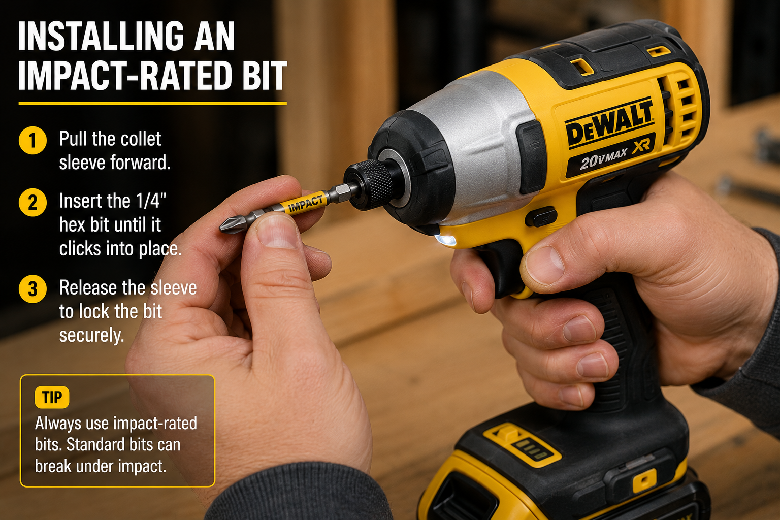 Installing a 1/4-inch hex impact-rated driver bit into an impact driver collet