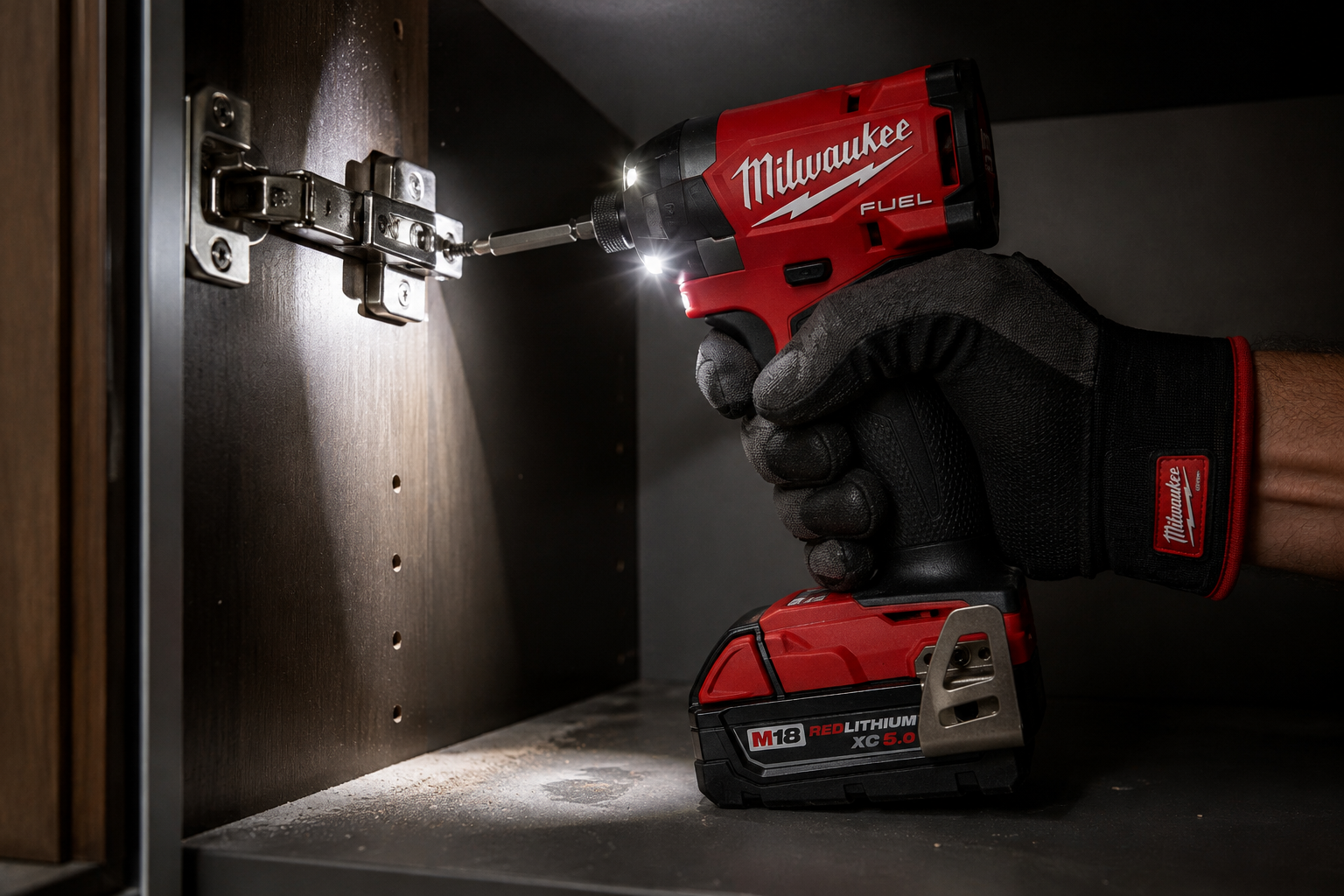 Milwaukee 2953-20 Tri-LED work light illuminating a cabinet hinge
