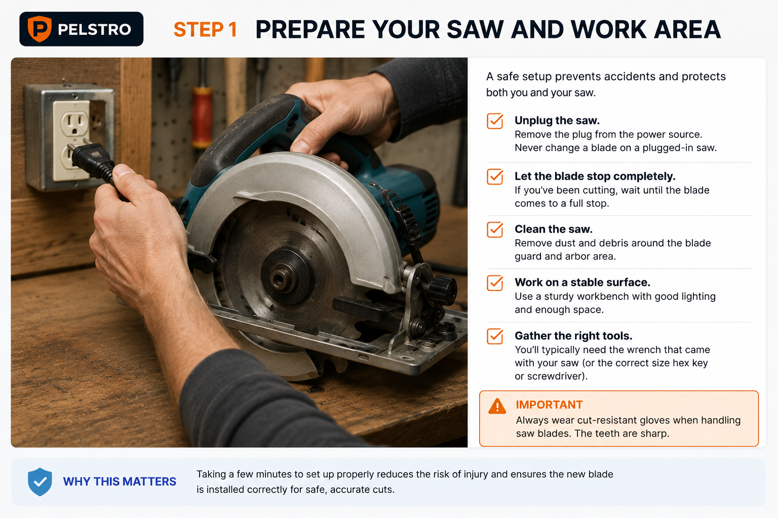 Preparing a circular saw and work area before changing the blade