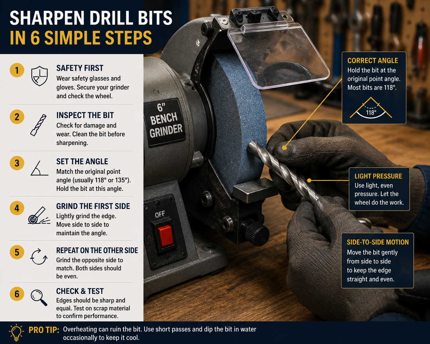 Six-step process for sharpening drill bits