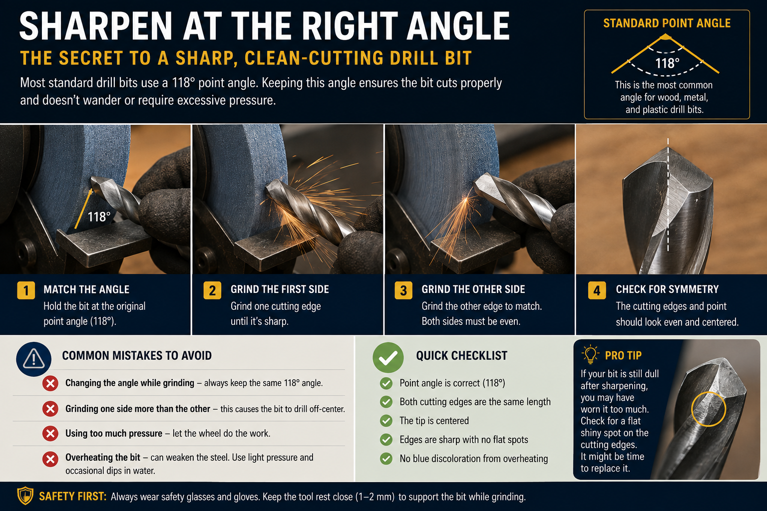 Sharpening a drill bit to a 118-degree point angle