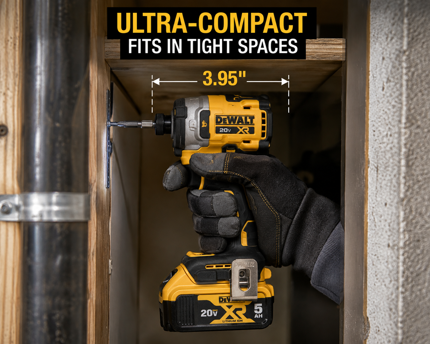 DeWalt DCF850 ultra-compact impact driver working in a tight space
