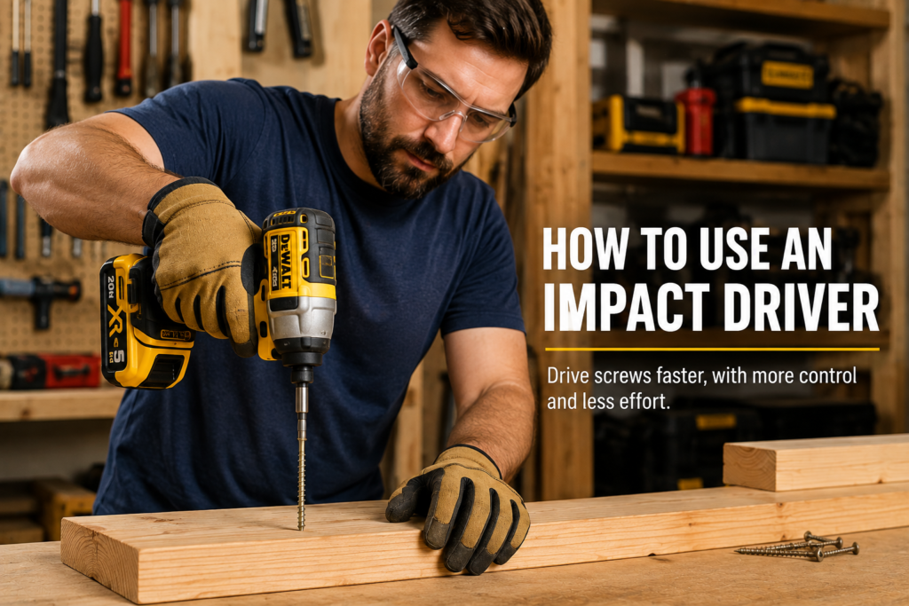 DIYer using an impact driver to drive a long screw into a wooden board