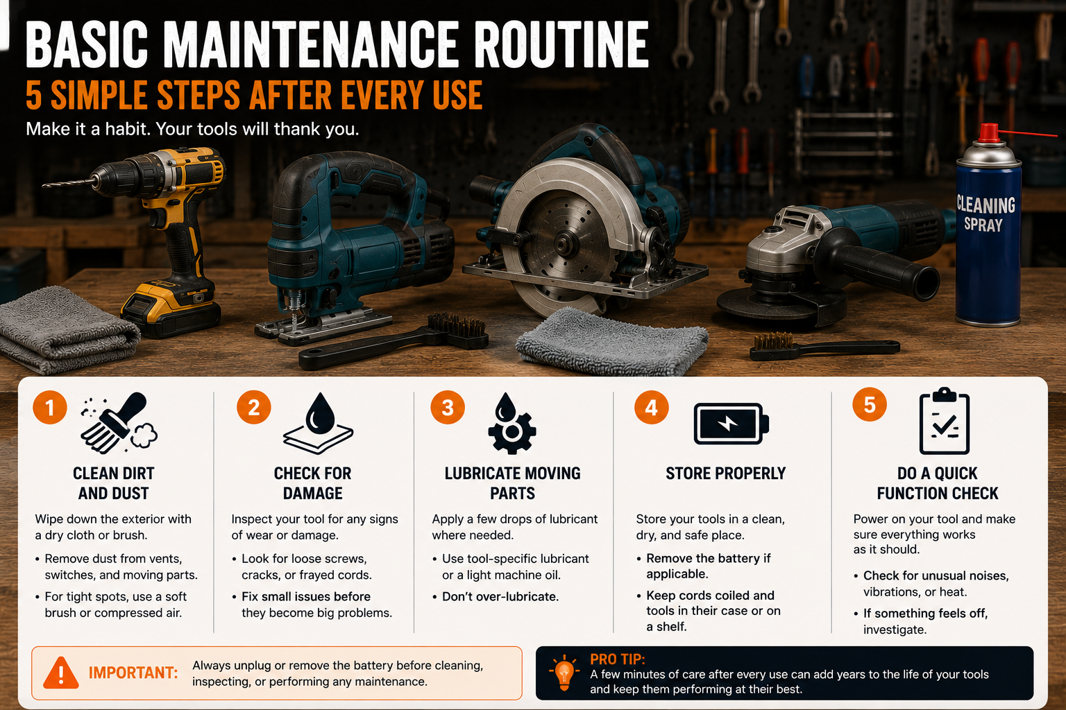 Basic power tool maintenance routine and workshop checklist