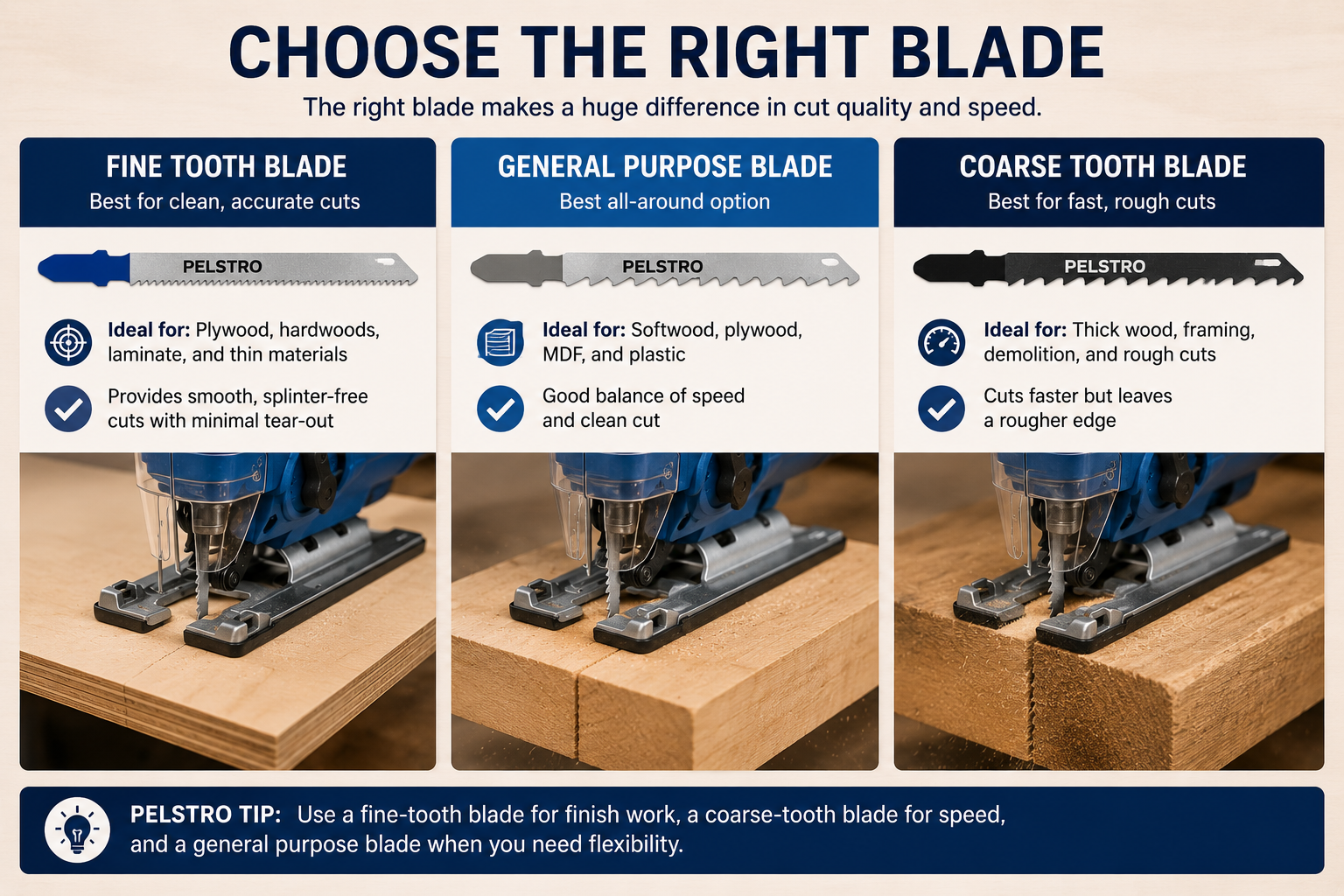 Jigsaw blade types for fine, general-purpose and coarse wood cuts