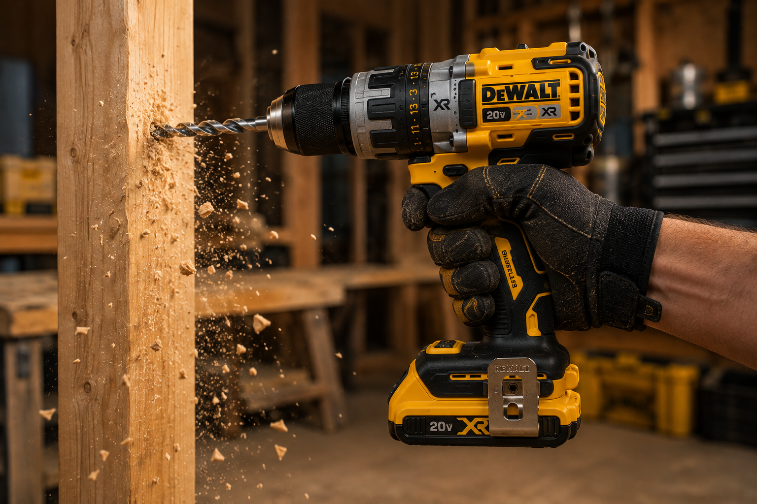 DeWalt DCD805 hammer drill drilling into wood