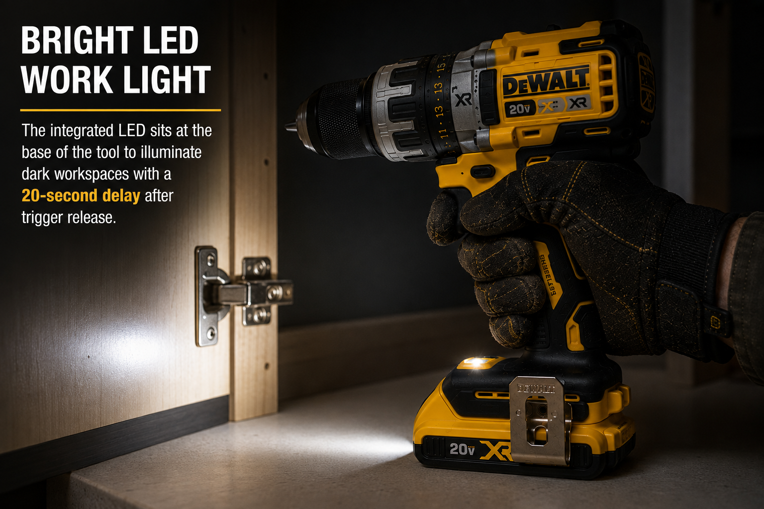 DeWalt DCD805 LED work light illuminating a dark work area