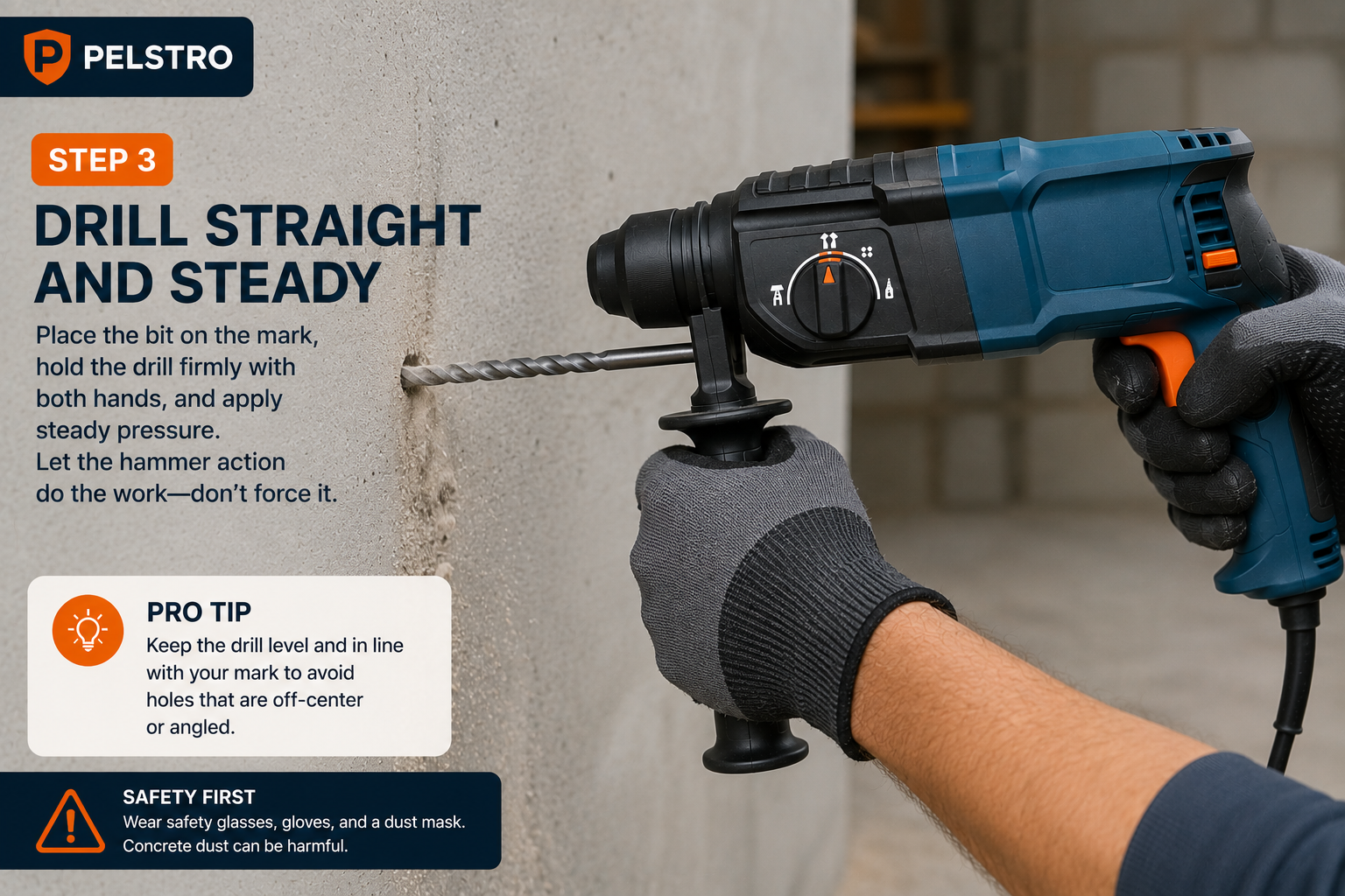 Holding a hammer drill straight and applying steady pressure while drilling concrete
