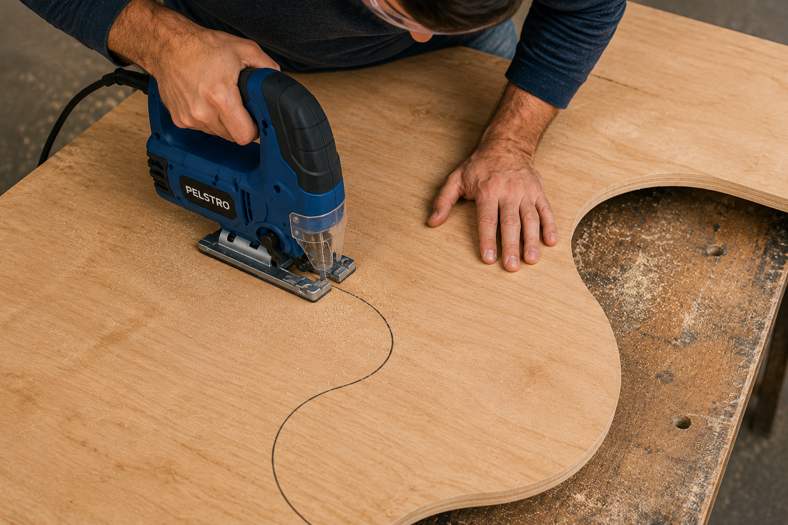 Top-down view of a jigsaw cutting a smooth curve in plywood