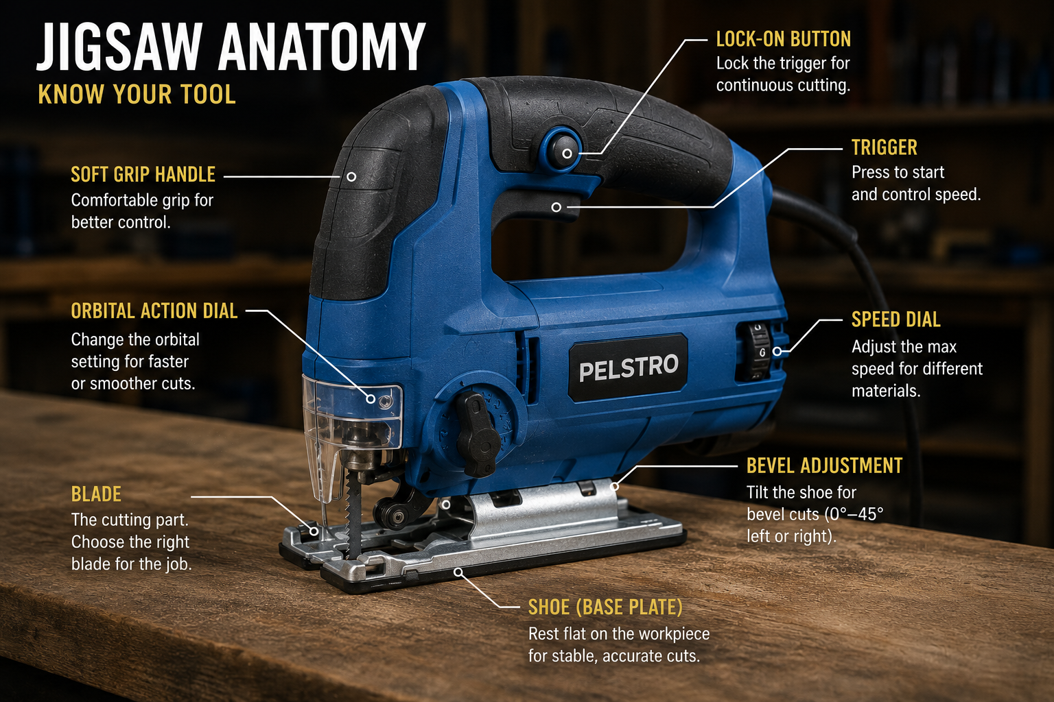 Jigsaw anatomy showing blade, shoe, trigger, speed control and orbital action