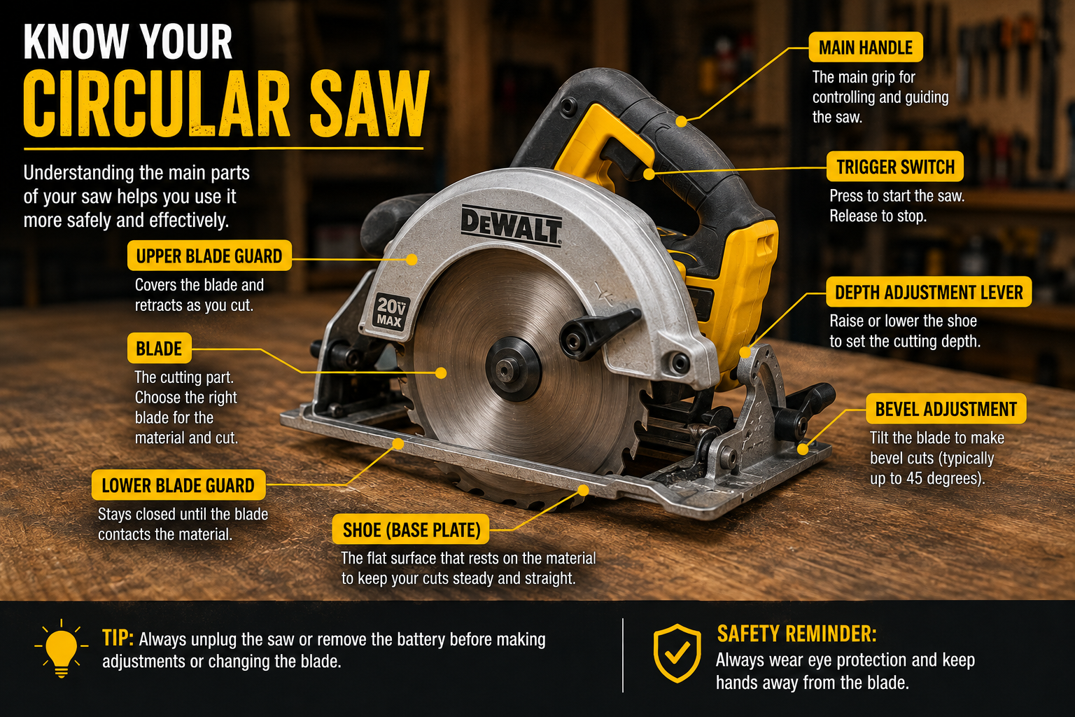 Circular saw parts diagram showing blade guards, shoe, trigger, handles, depth adjustment and bevel adjustment