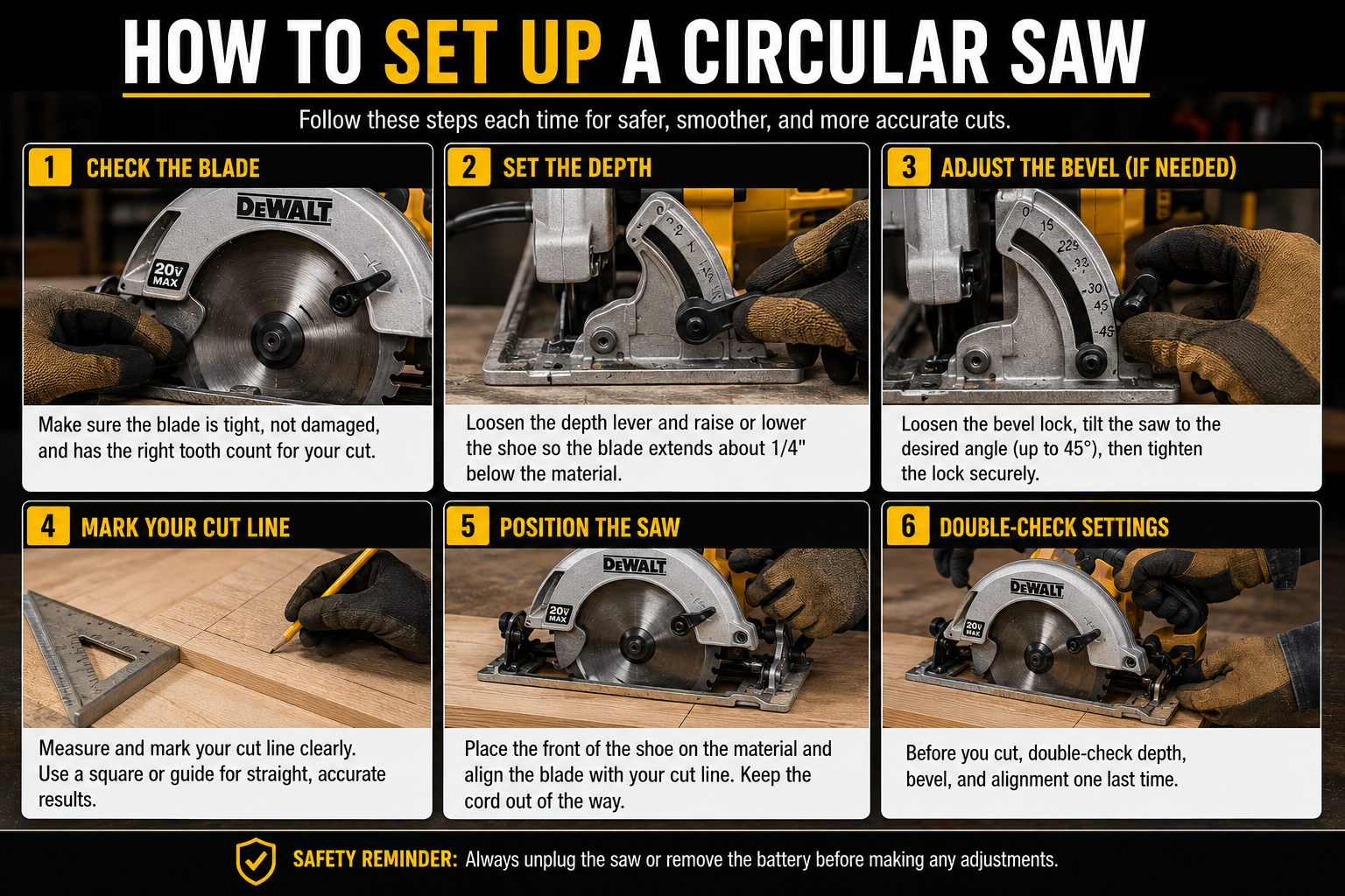 Circular saw setup guide showing blade inspection, cutting depth, bevel adjustment and cut-line preparation
