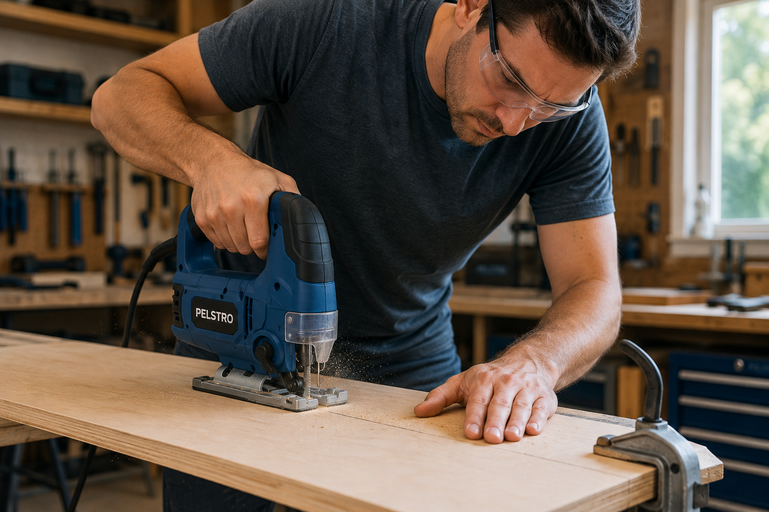 How to use a jigsaw - beginner cutting plywood on a workbench