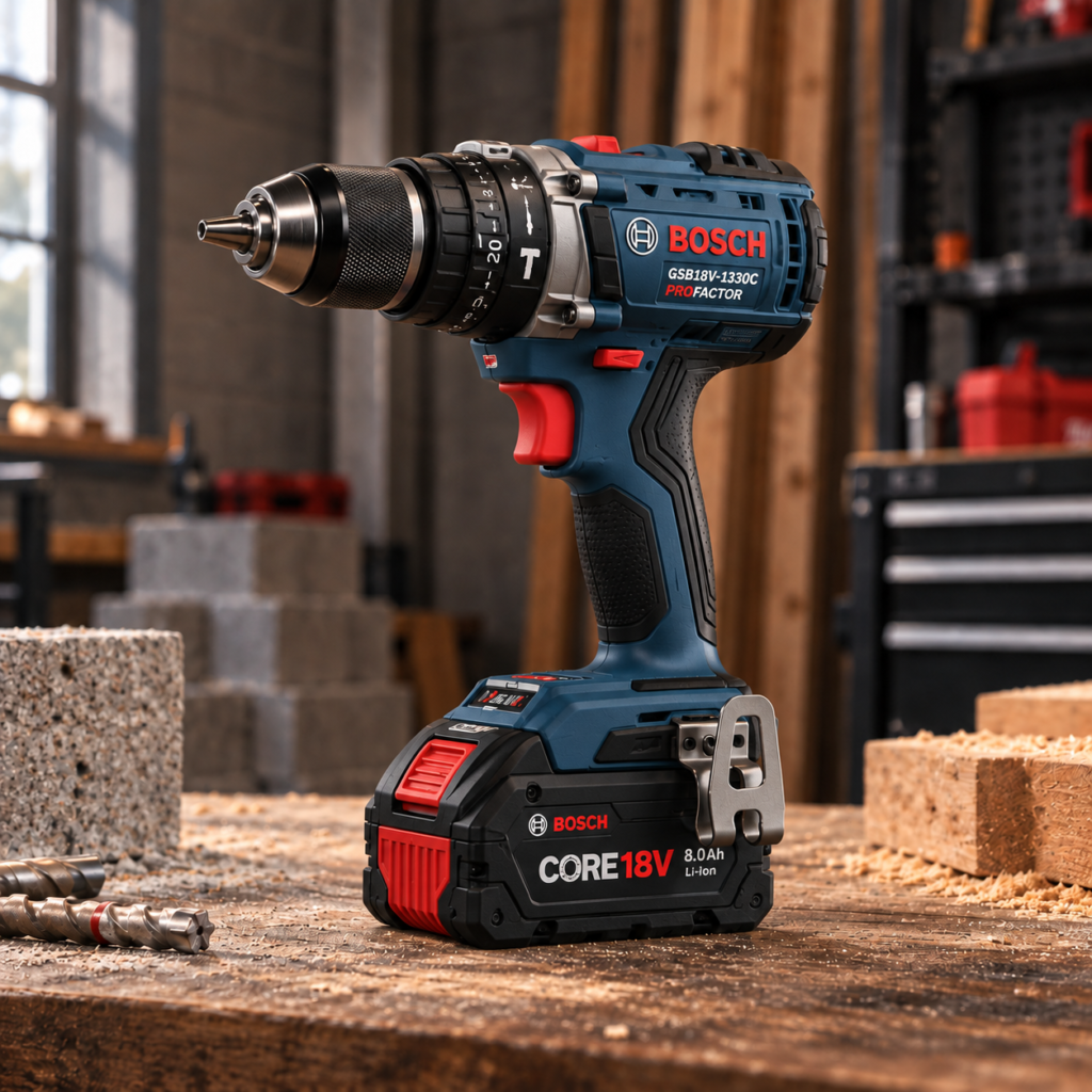 Bosch GSB18V-1330C PROFACTOR hammer drill drilling into concrete