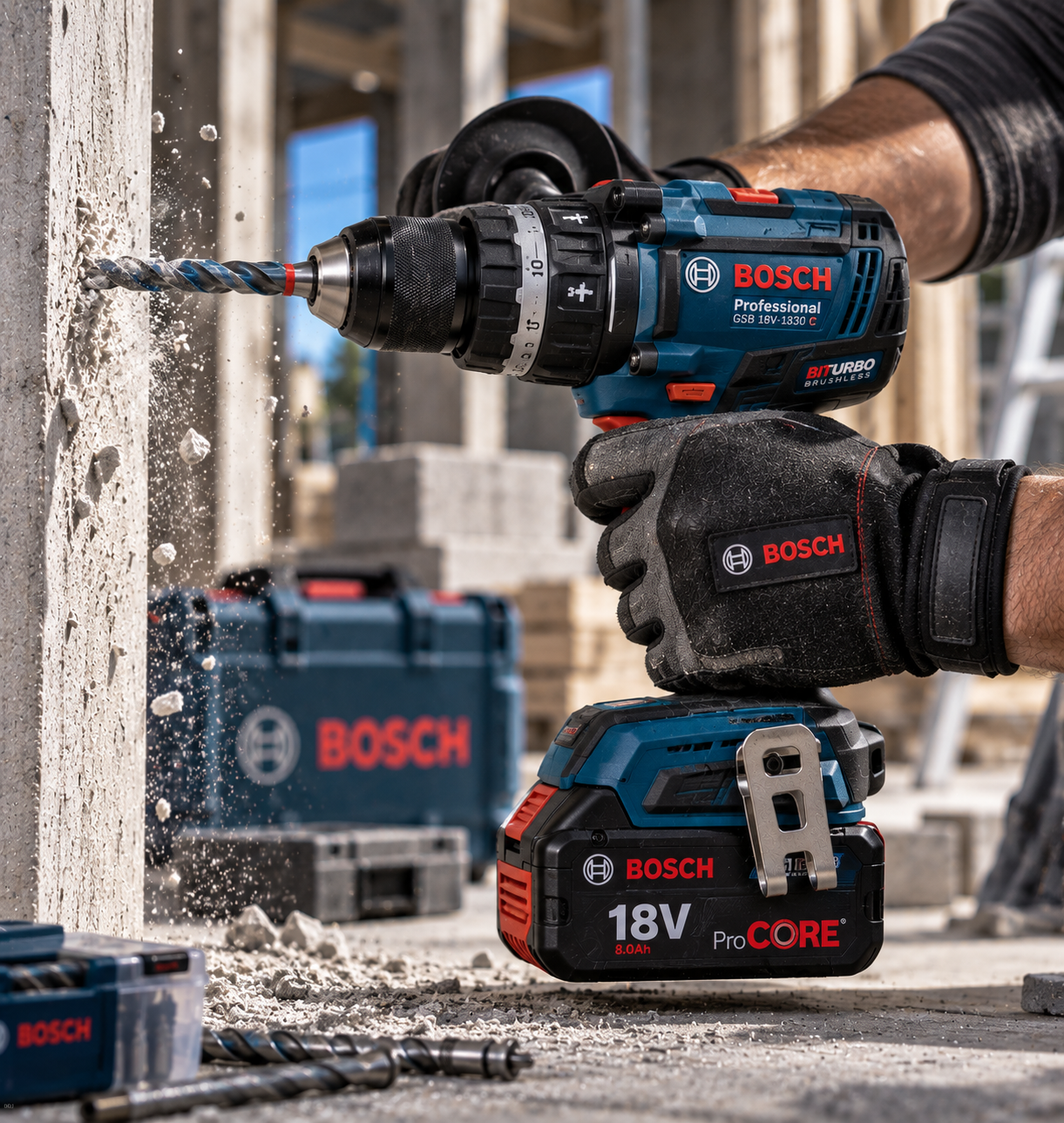 Bosch GSB18V-1330C hammer drill drilling into concrete