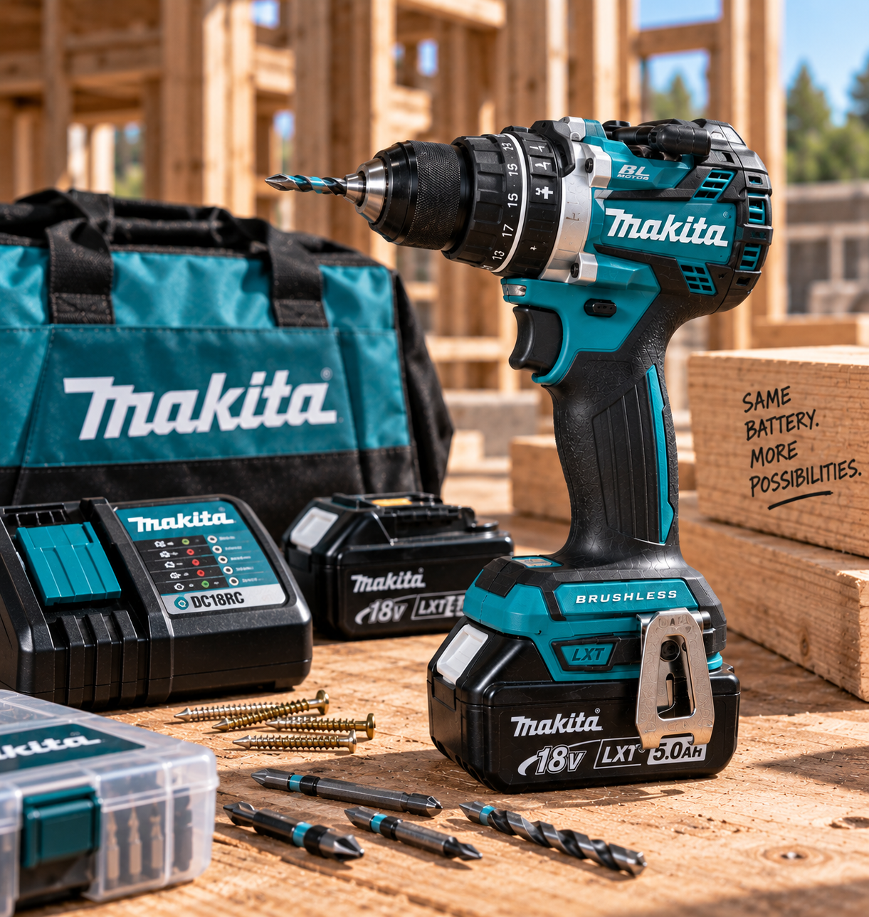 Bosch GSB18V-1330C PROFACTOR 18V hammer drill with CORE18V battery and jobsite accessories