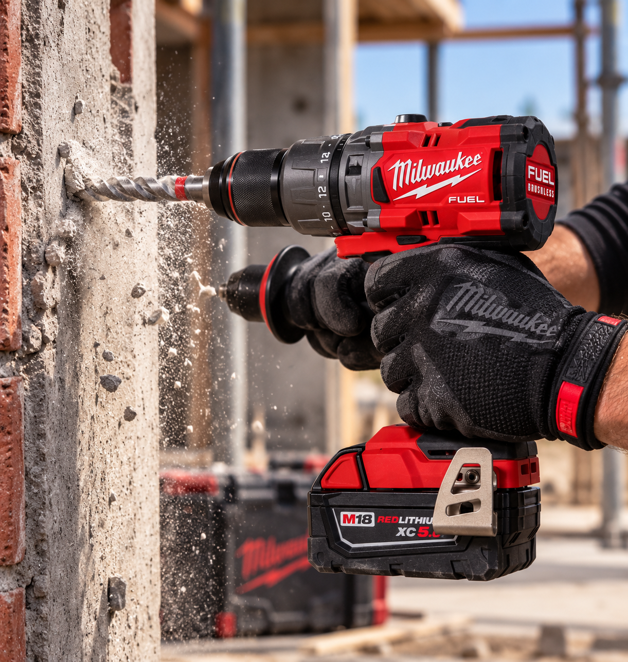 Milwaukee 2904-20 M18 FUEL hammer drill drilling into concrete