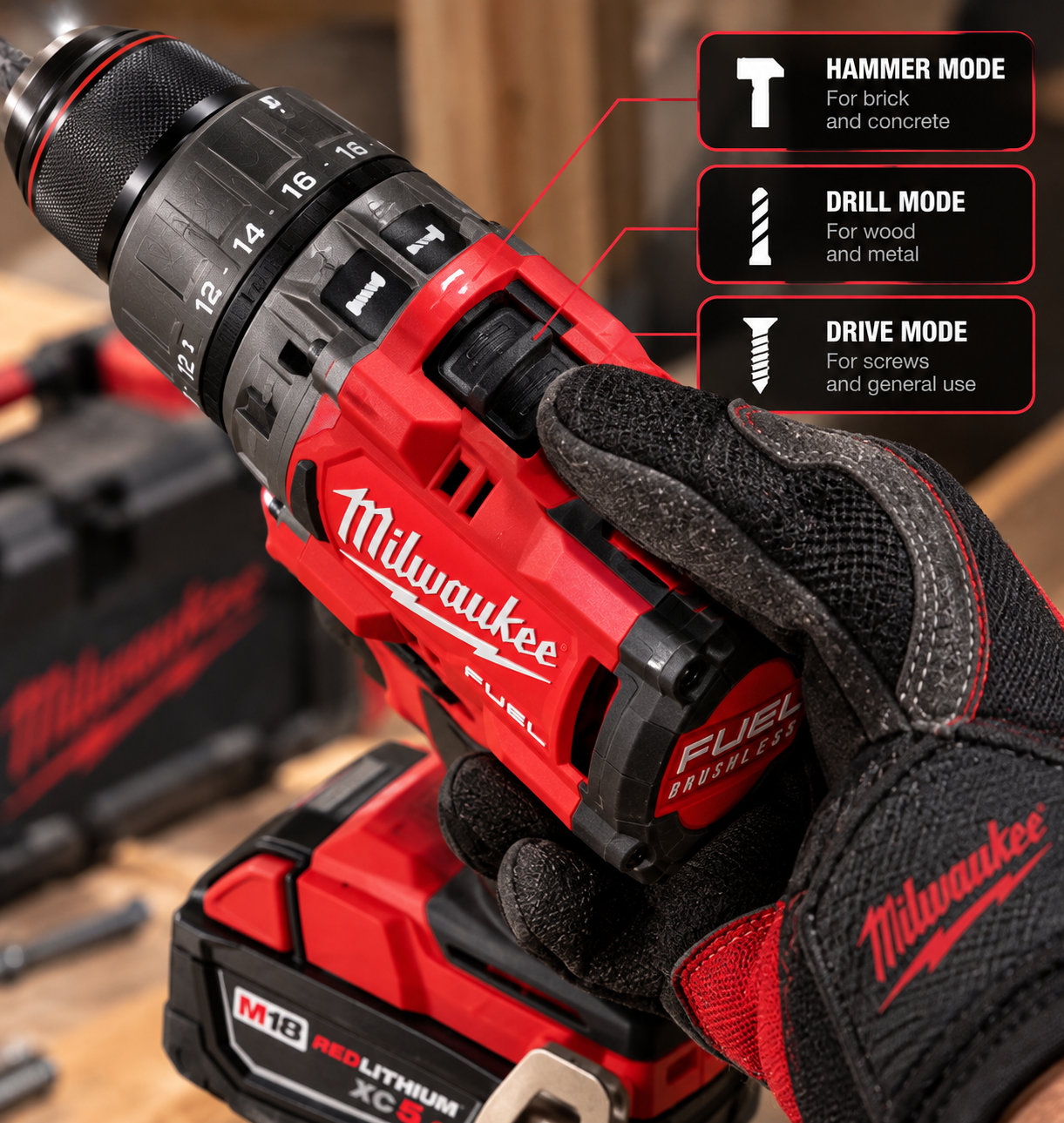 Milwaukee 2904-20 M18 FUEL hammer drill with M18 battery and jobsite accessories