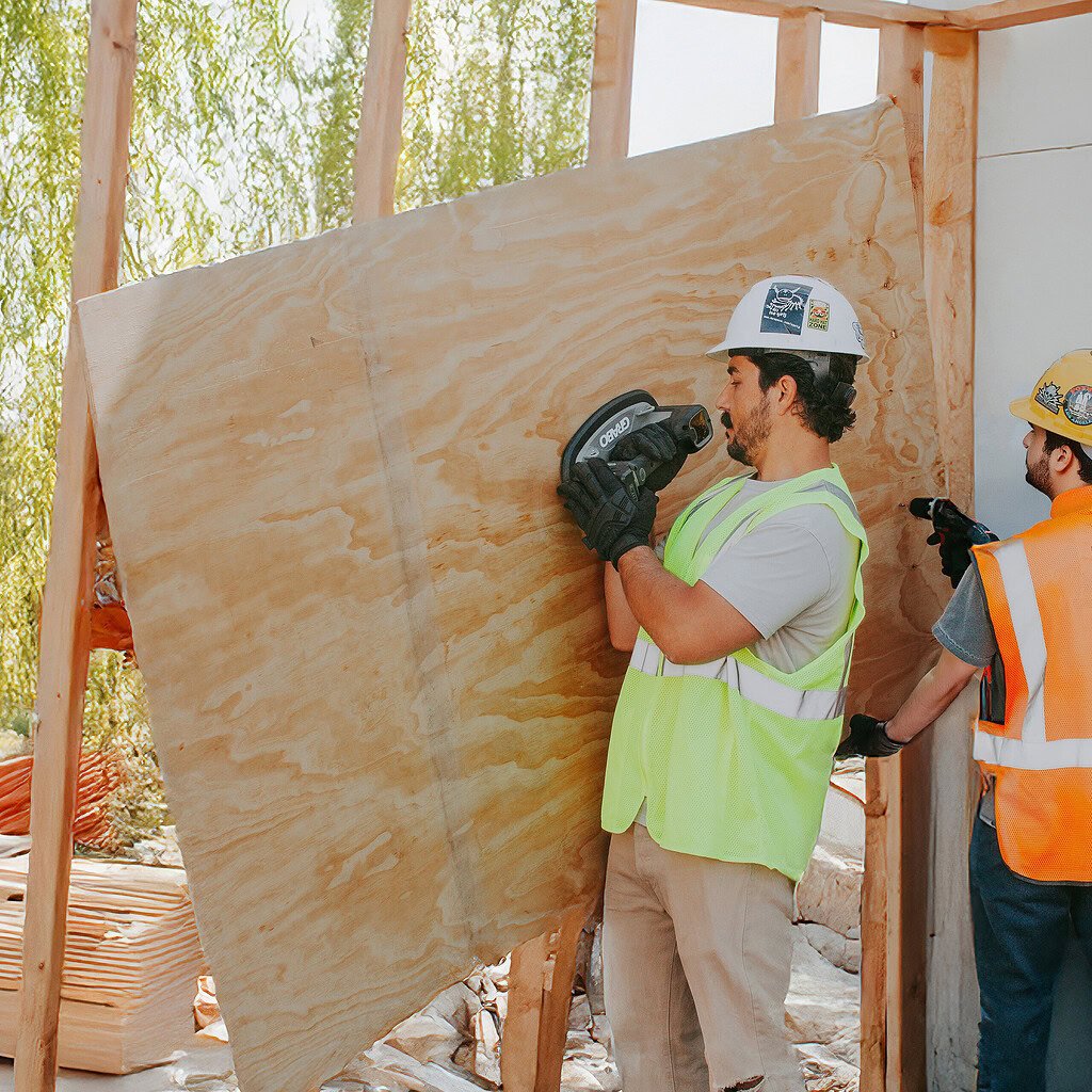 Two workers handling a plywood panel with GRABO Pro Brushless lifters